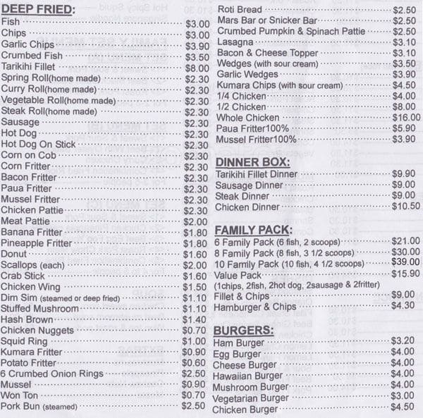 Golden Bay Takeaways menu