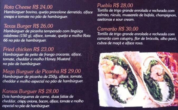 Rota 66 cardápio