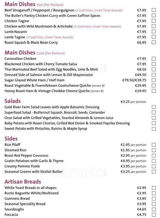 Menu at The Butler's Pantry cafe, Dublin, Unit 5 Castleknock Village Centre