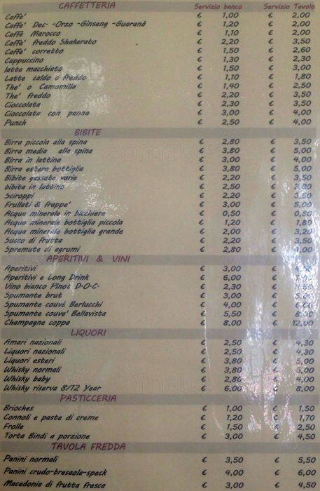 Menu di Bar Italia Milano 