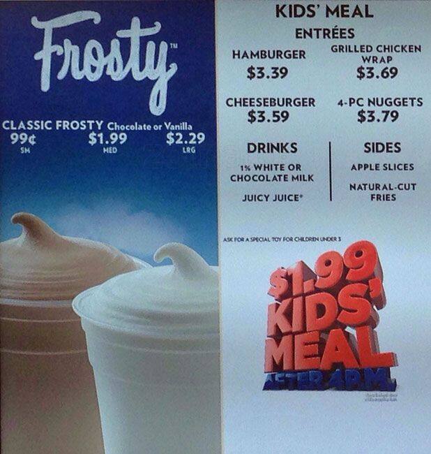 Menu at Wendy's fast food, Darien, Kingery Hwy