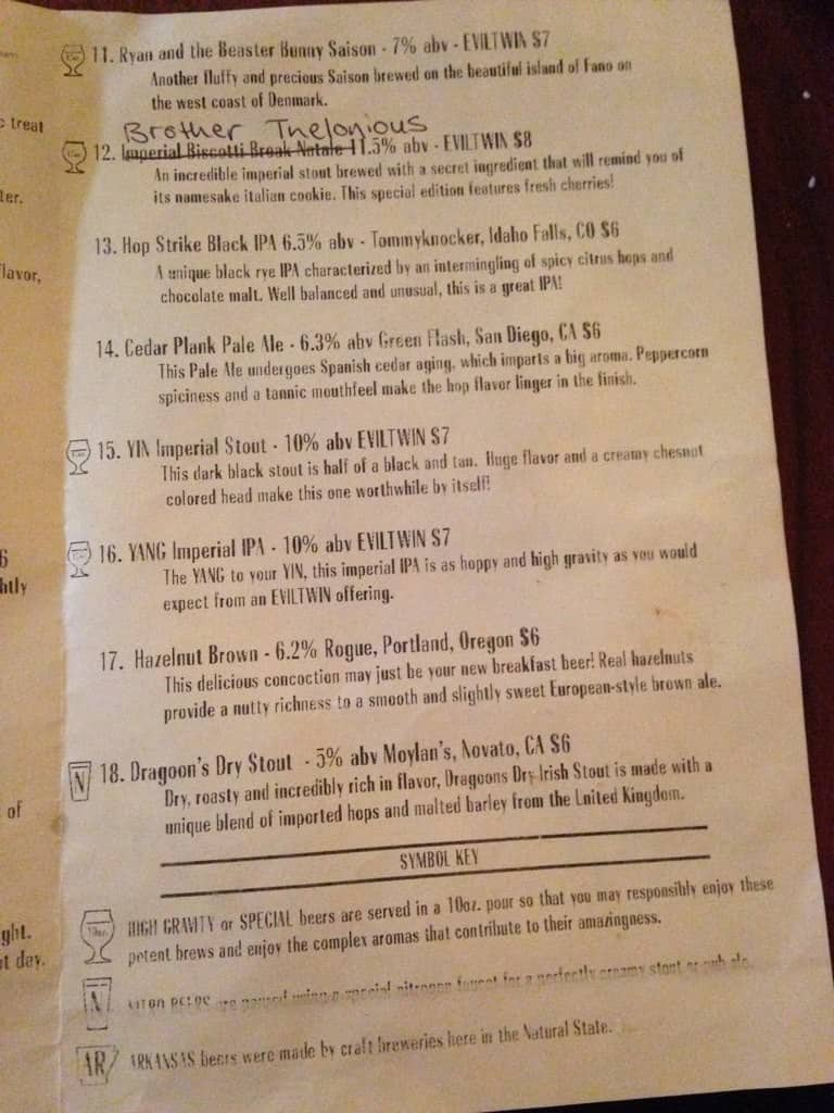 Menu at Superior Bathhouse Brewery pub & bar, Hot Springs