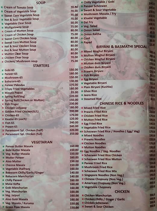 Menu of Hotel Paramount, Kilpauk, Chennai