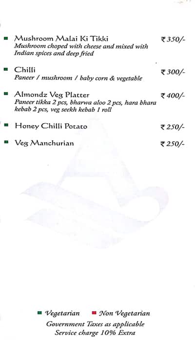 Almondz Hotel menu