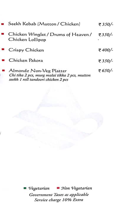 Almondz Hotel menu