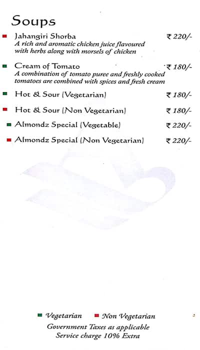 Almondz Hotel menu
