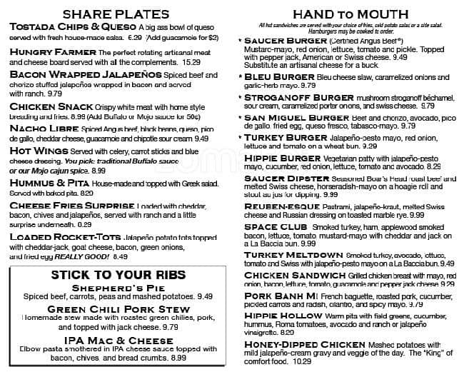 Flying Saucer Menu, Menu for Flying Saucer, Rowlett, Rowlett