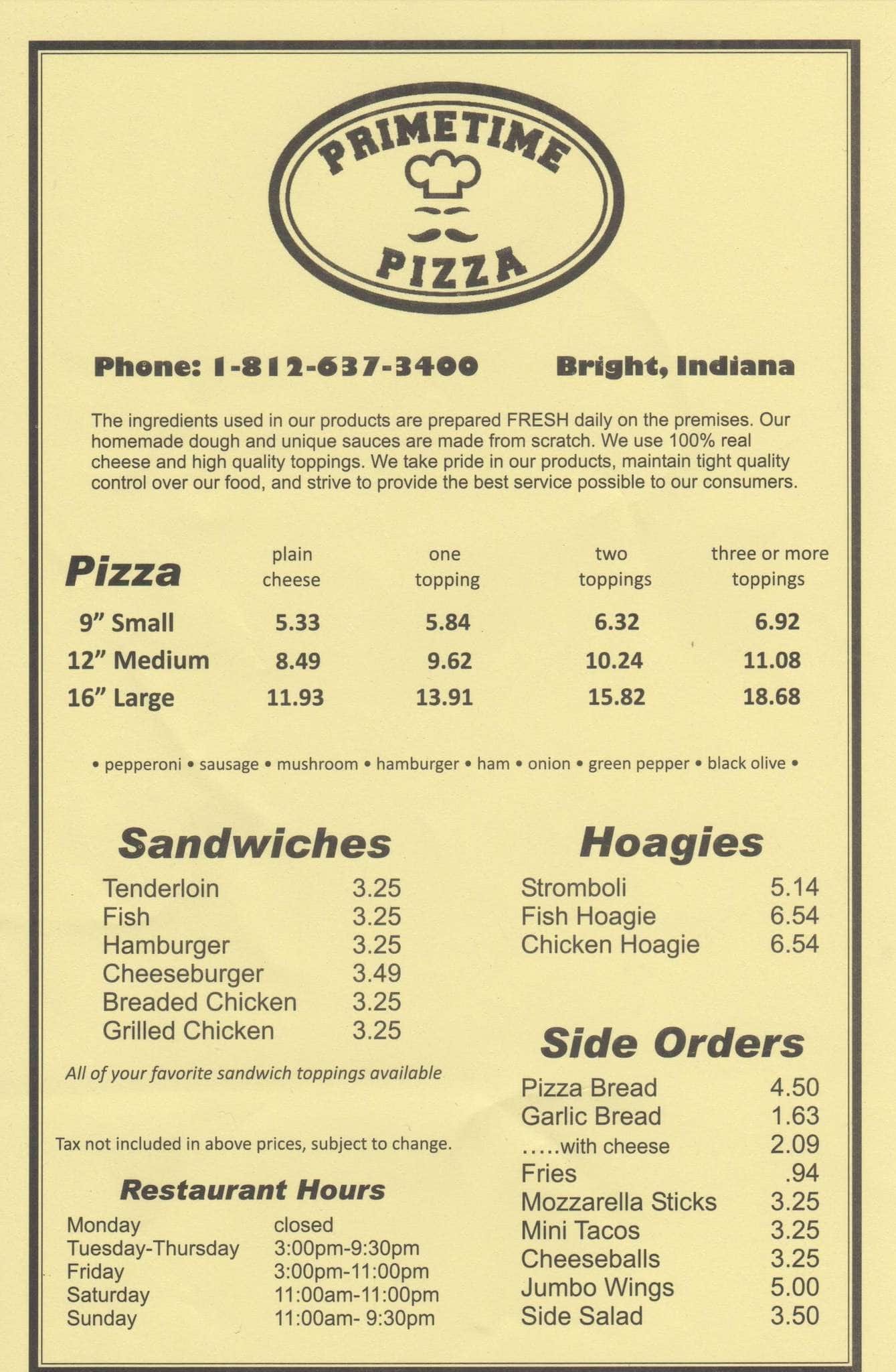 Menu at Primetime Pizza pizzeria, Hidden Valley