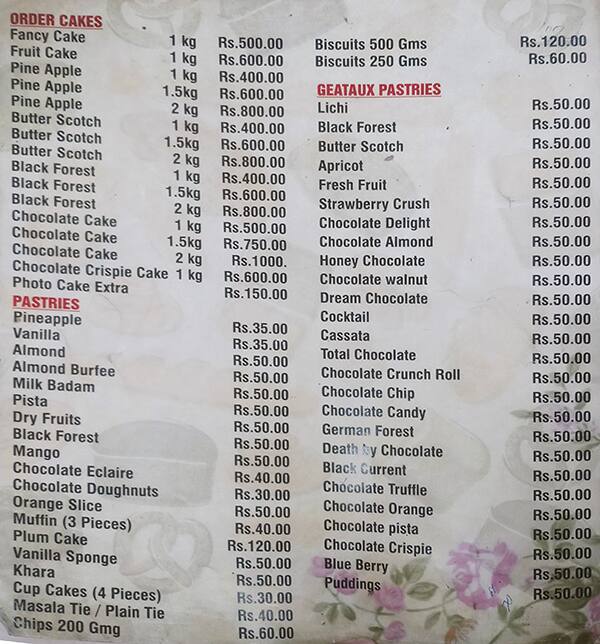 Menu at Universal Bakery, Hyderabad, Shop 10-3-316/B