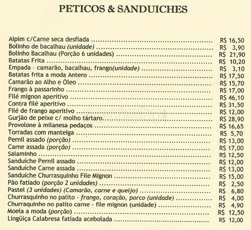 Antero cardápio