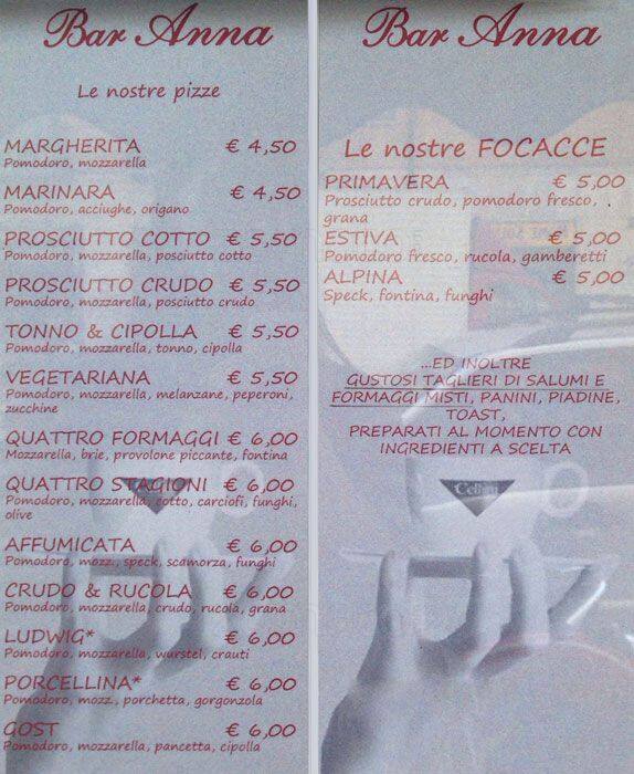 Menu di Bar Anna Milano 