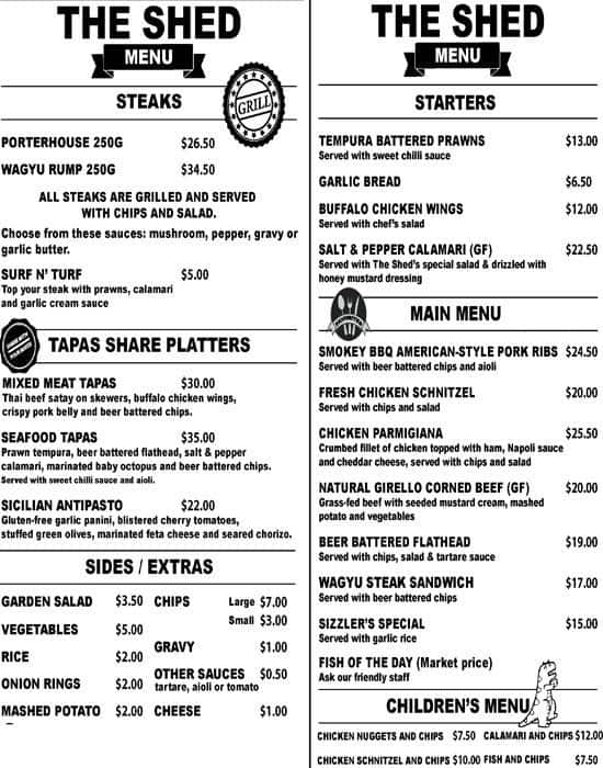 The Shed menu, Menu restauracji The Shed, Northbridge, Perth