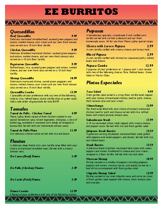 EE Burritos Restaurant Menu, Menu for EE Burritos Restaurant ...