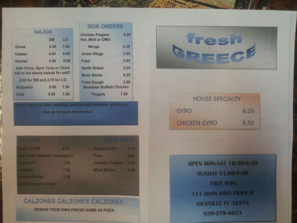 Menu at Fresh Greece Pizza & Grill pizzeria, Niceville