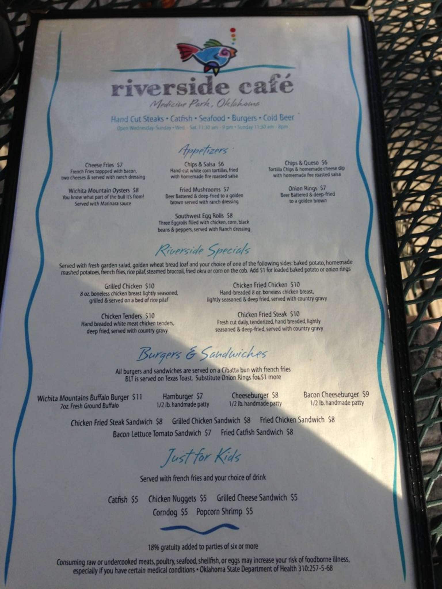 Menu at Riverside Cafe, Medicine Park