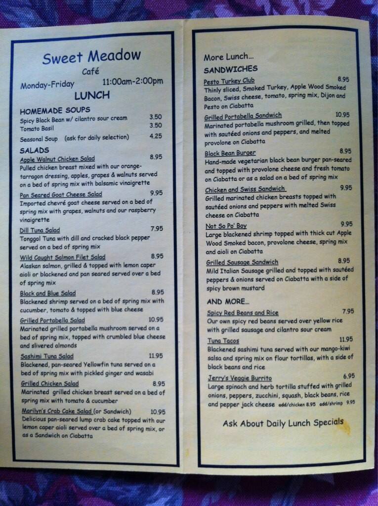 Sweet Meadow Cafe Menu, Menu for Sweet Meadow Cafe, Salisbury