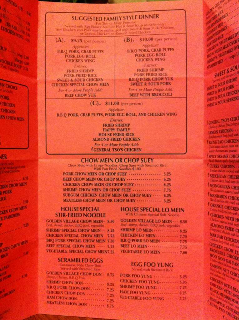 Menu at Golden Village restaurant, Milton-Freewater