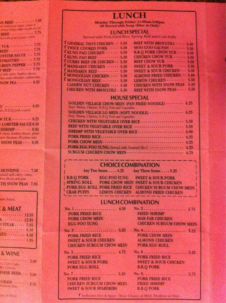 Menu at Golden Village restaurant, Milton-Freewater