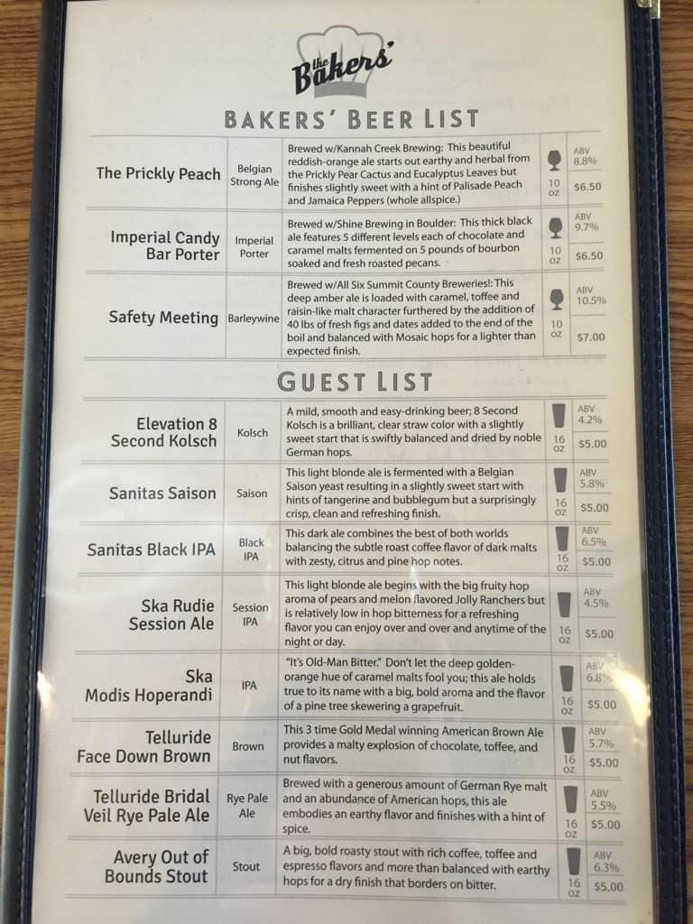 Bakers' Brewery a Silverthorne/Dillon Foto del Menu con Prezzi