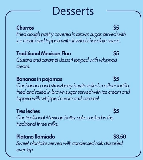 Menu at Oasis Mexican Grill desserts, Collingswood