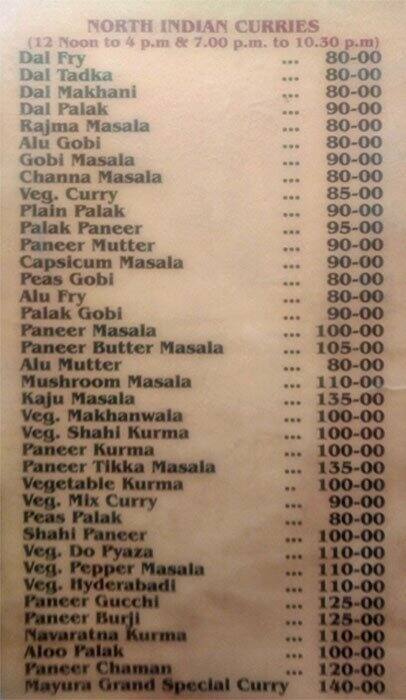 Mayura Grand menu