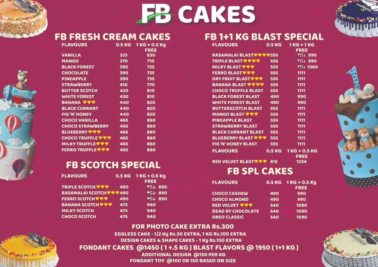 Menu of Fb Cakes, Red Hills, Chennai