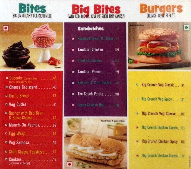 Menu at Café Coffee Day, Hyderabad, Rajiv Gandhi International Airport