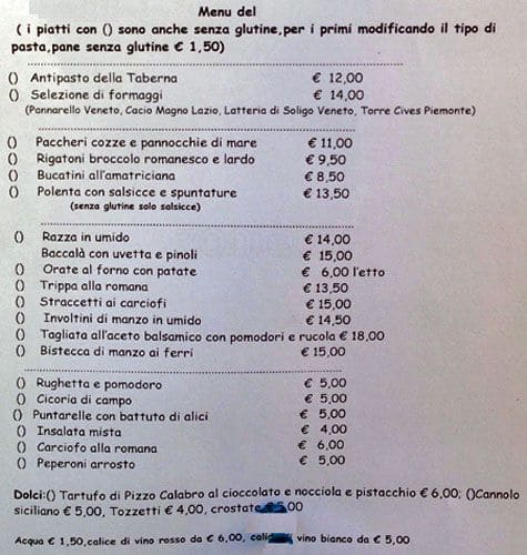 Menu di Taberna Recina 