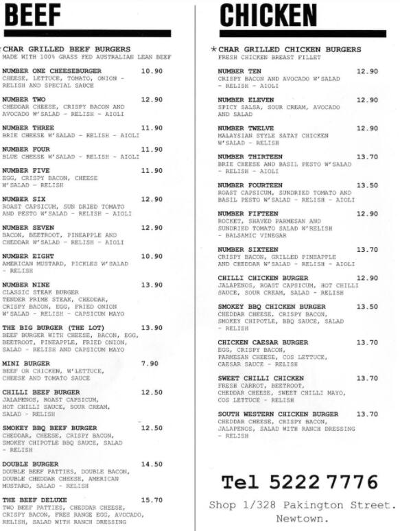 Burger Inc. menu, Menu restauracji Burger Inc., Newtown, Geelong