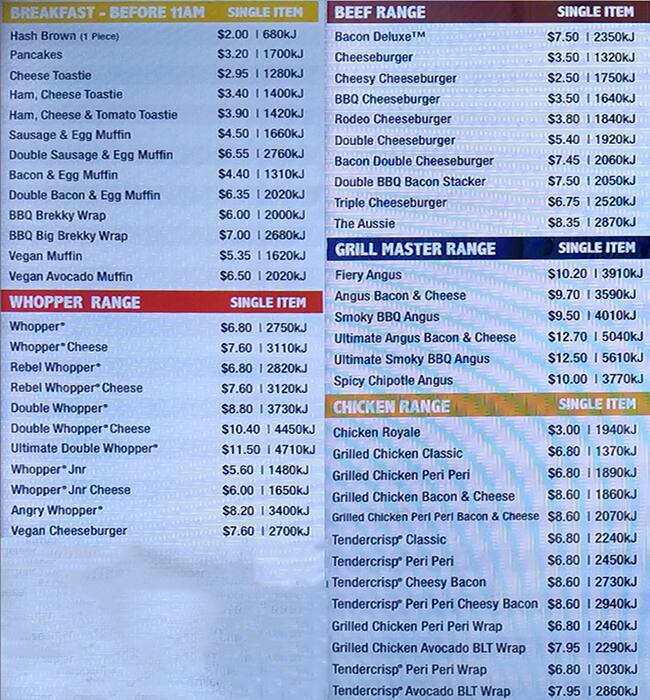 Menu at Hungry Jack's Burgers Circular Quay fast food, Sydney, E1 Alfred St