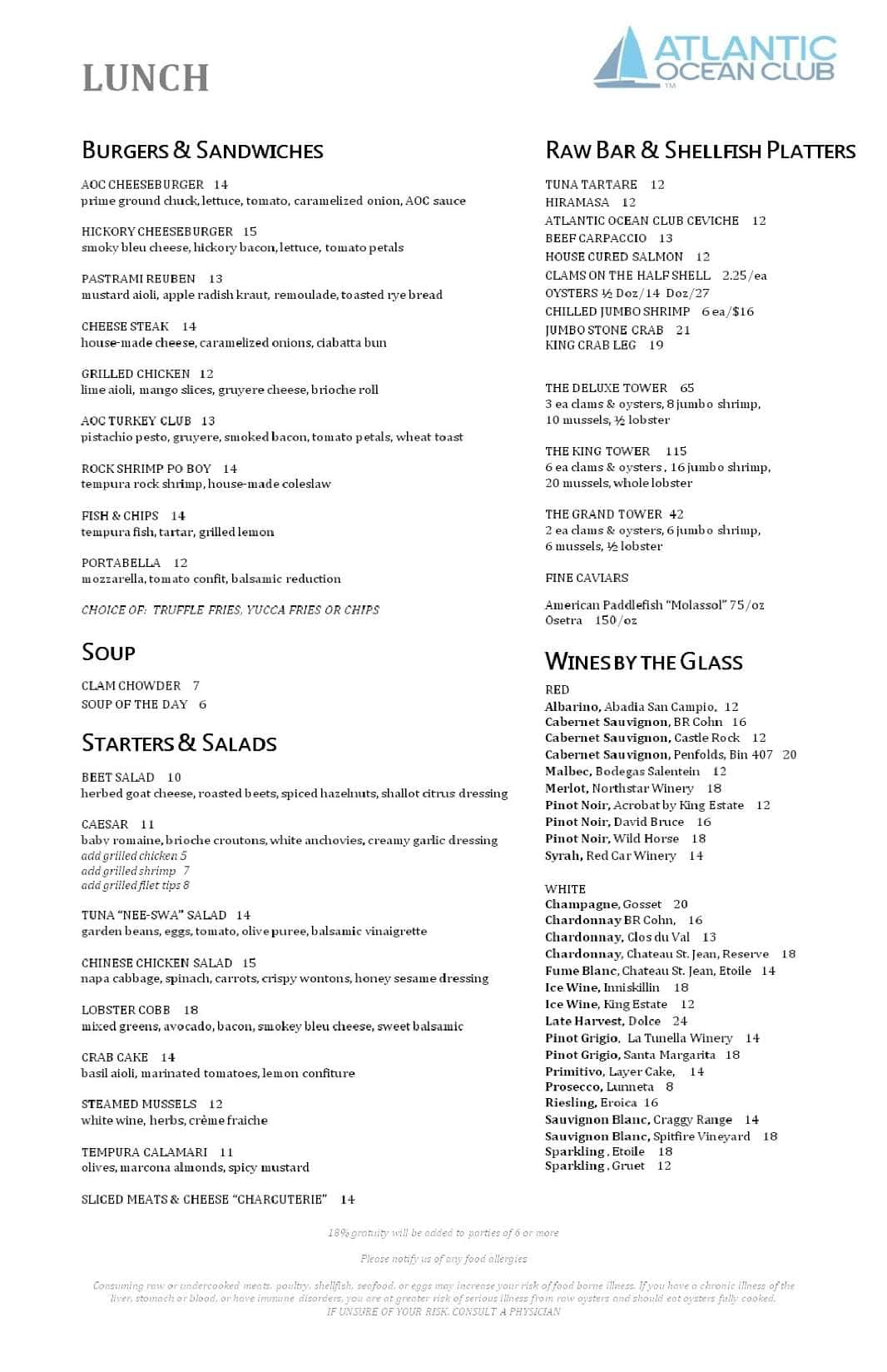 Atlantic Ocean Club Menu, Menu for Atlantic Ocean Club, Delray Beach ...