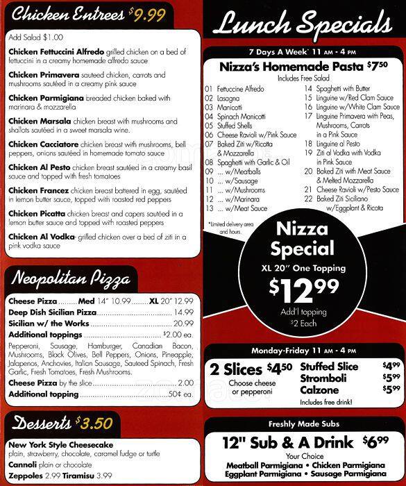 Nizza Pizza Menu Menu For Nizza Pizza Arlington Arlington