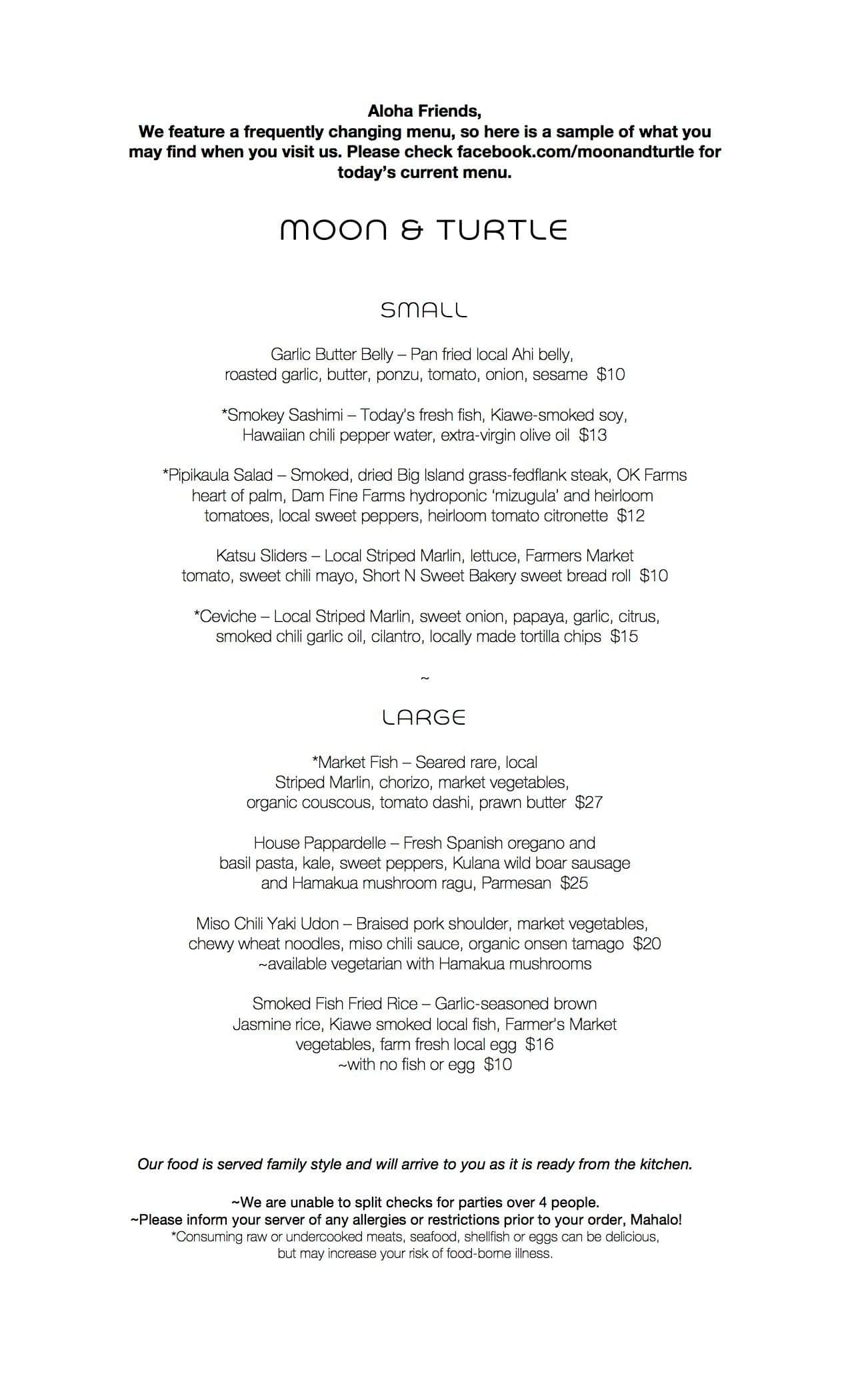 Menu at Moon and Turtle pub & bar, Hilo