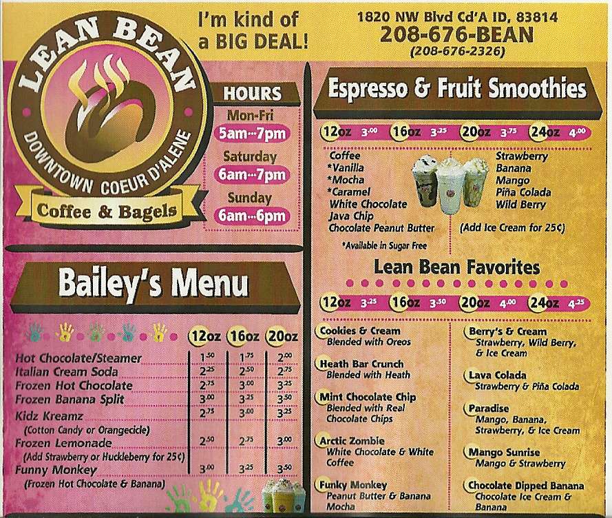 Menu at Lean Bean, Coeur d'Alene, Sherman Ave