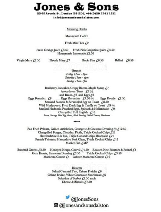 Menu at Jones & Sons restaurant, London, Stamford Works