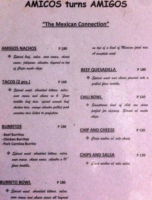Amicos menu