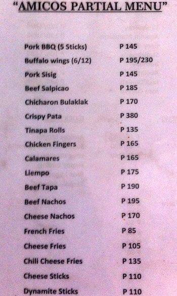 Amicos menu
