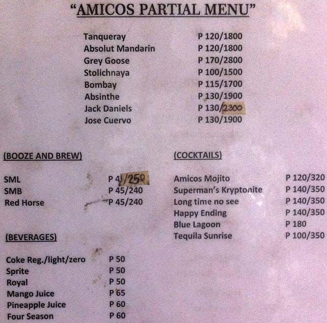 Amicos menu