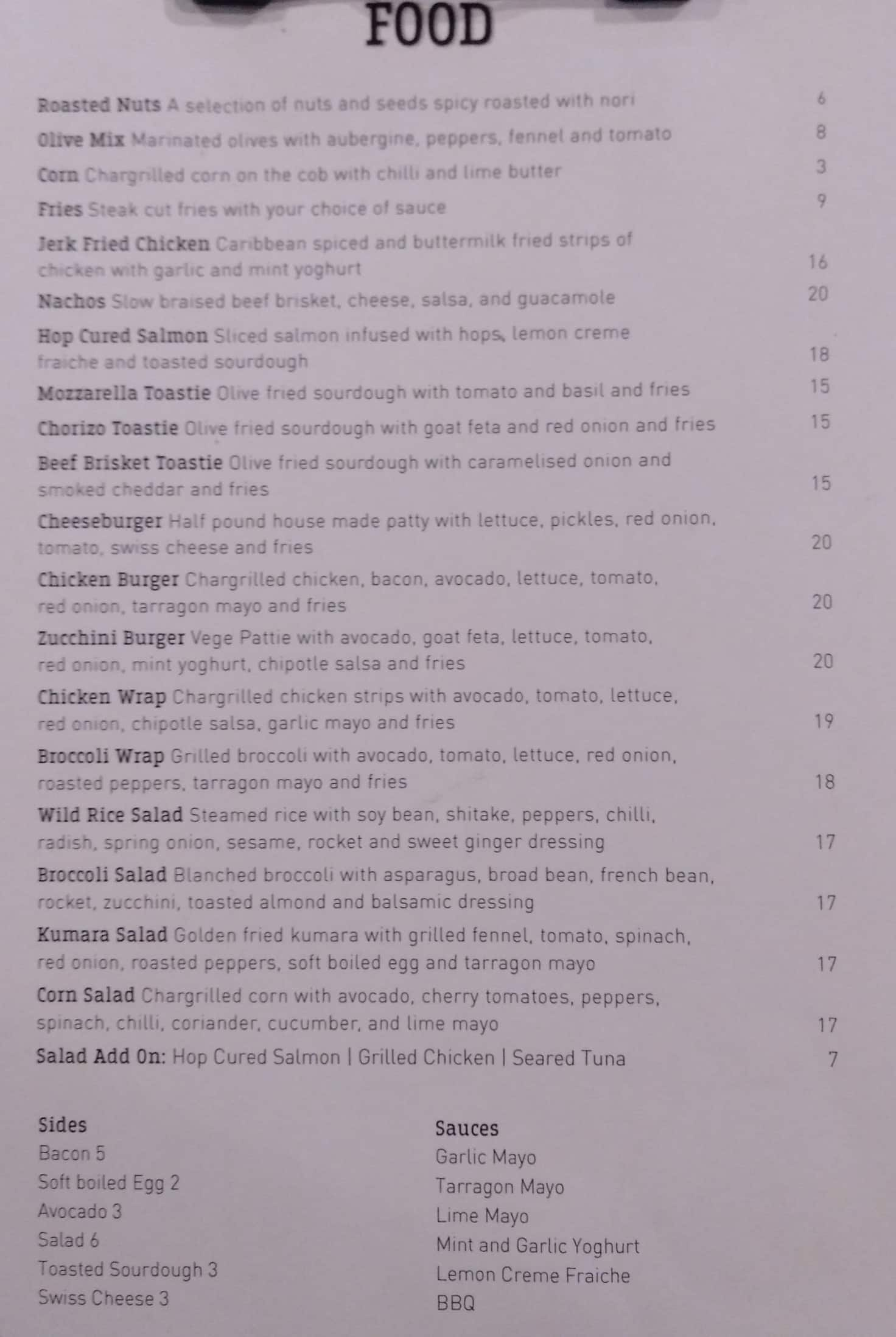 Menu at Vultures' Lane restaurant, Auckland