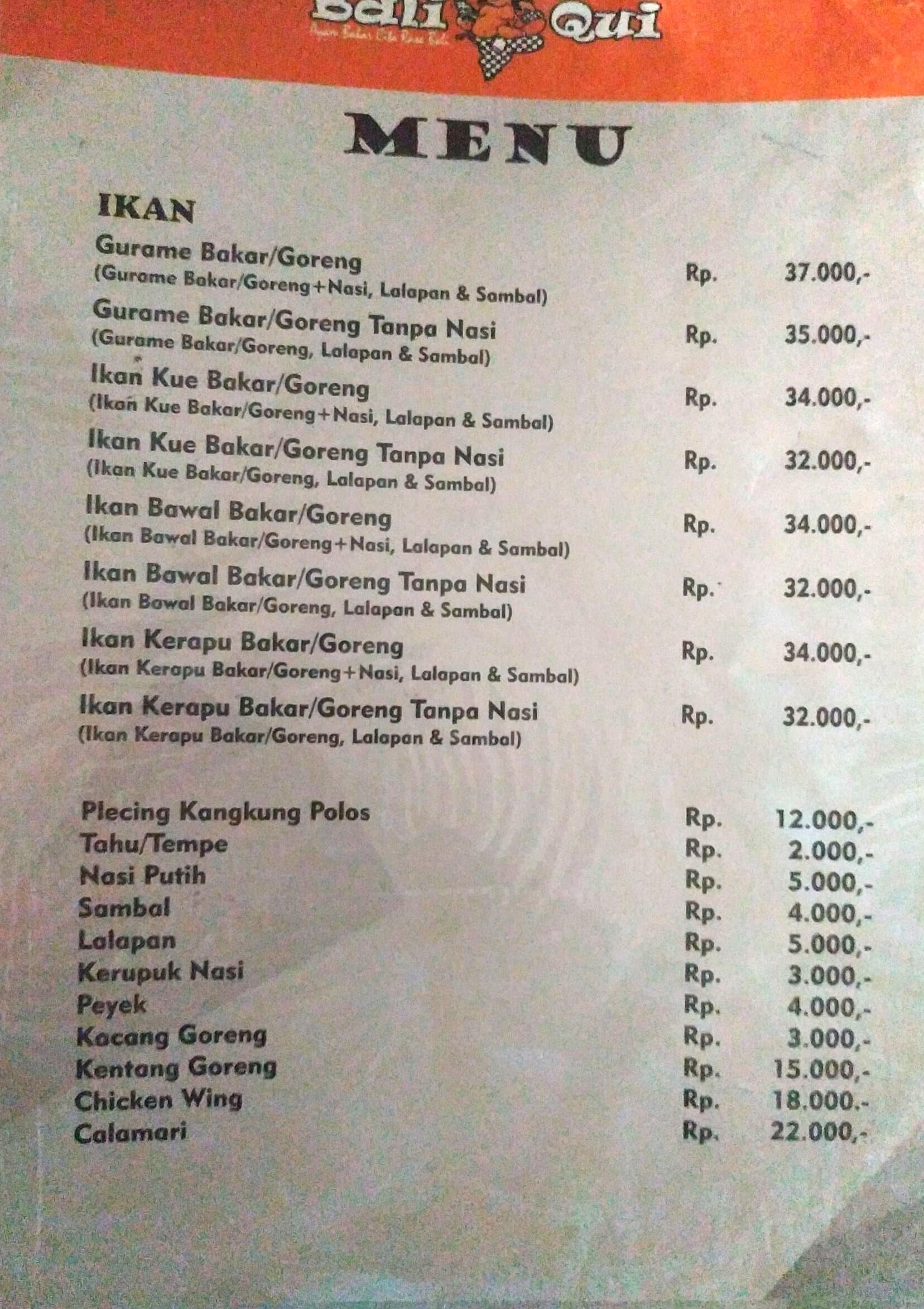 Menu at Ayam Bakar Bali Qiu restaurant, South Jakarta, Jl. H. Nawi Raya ...