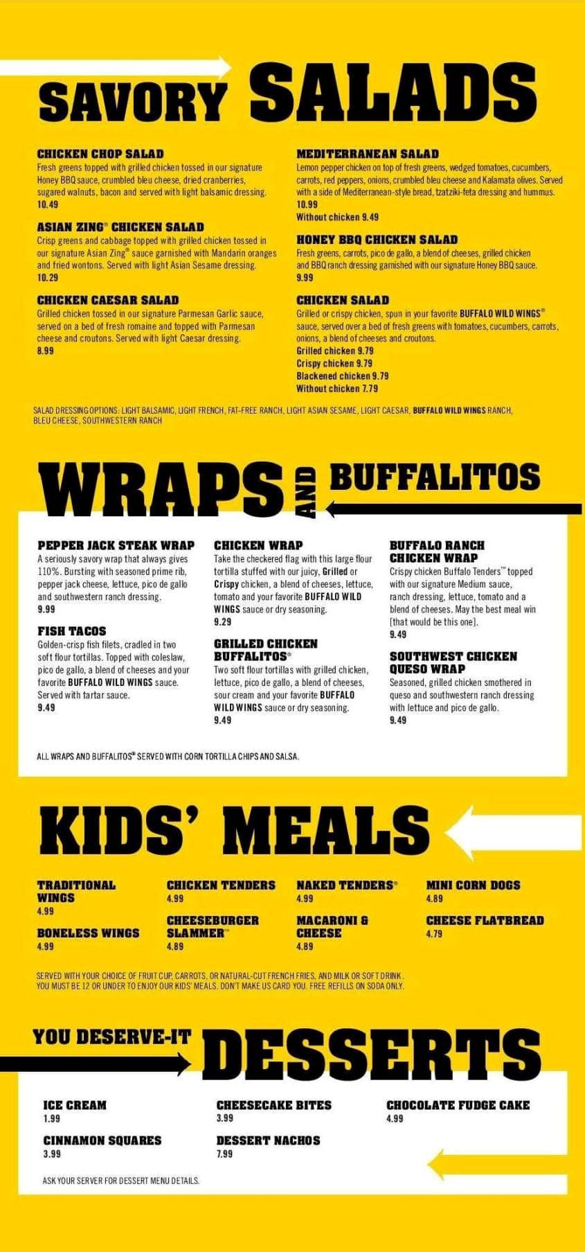 buffalo wild wings menu precios