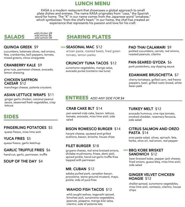 Kasa Restaurant & Bar Menu, Menu for Kasa Restaurant & Bar, Downtown