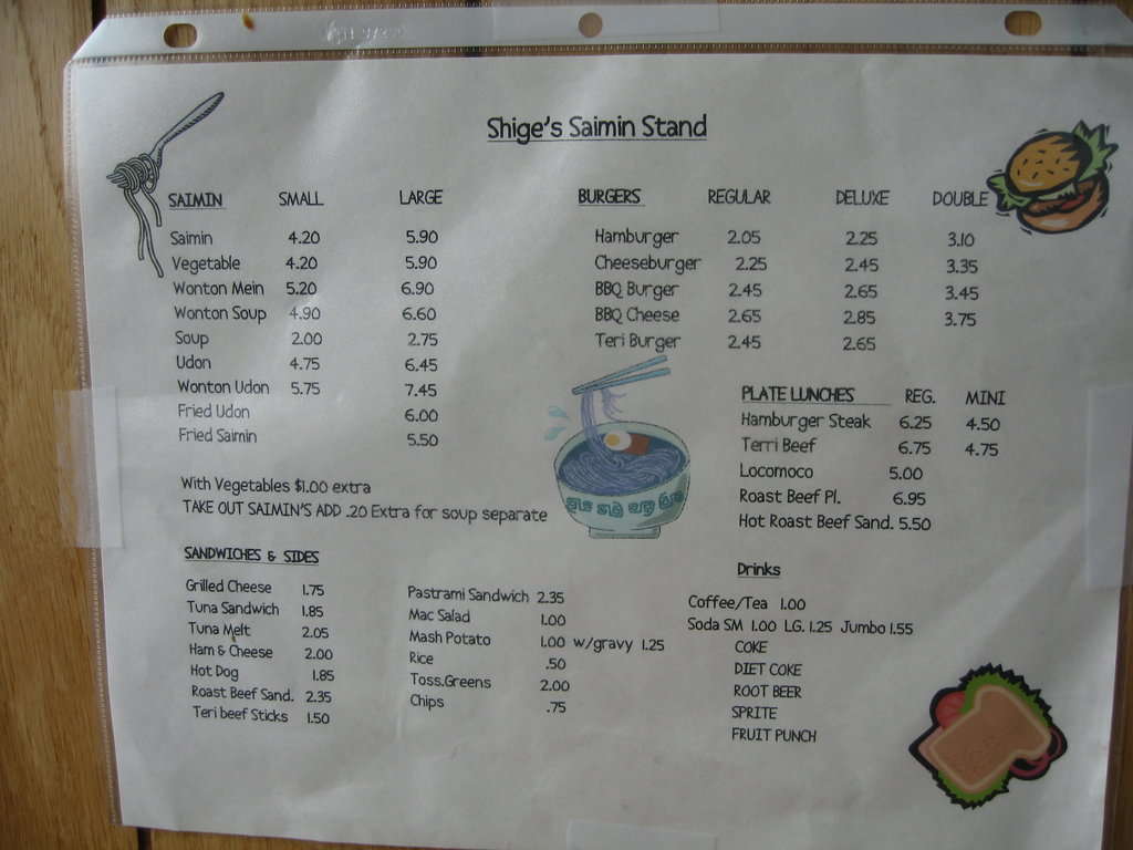 Menu at Shige's Saimin Stand restaurant, Wahiawa