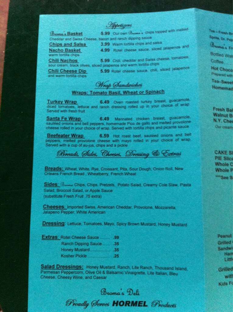 Menu at Broma's Deli restaurant, Brookhaven