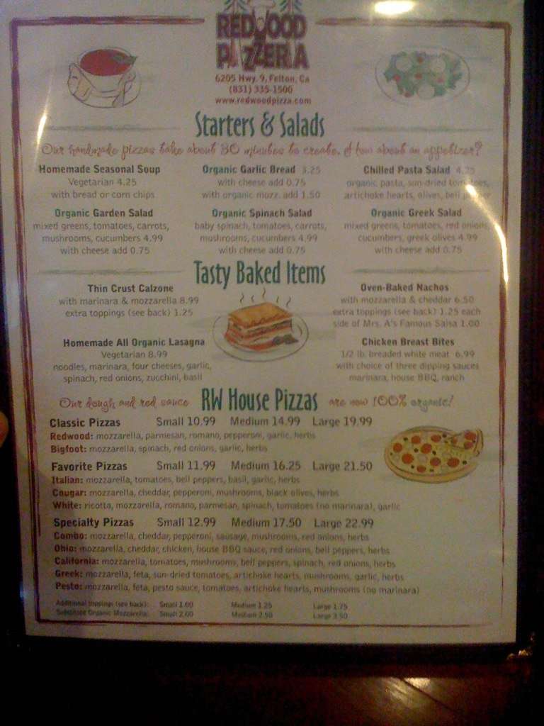 Redwood Pizza Menu, Menu for Redwood Pizza, San Lorenzo Valley