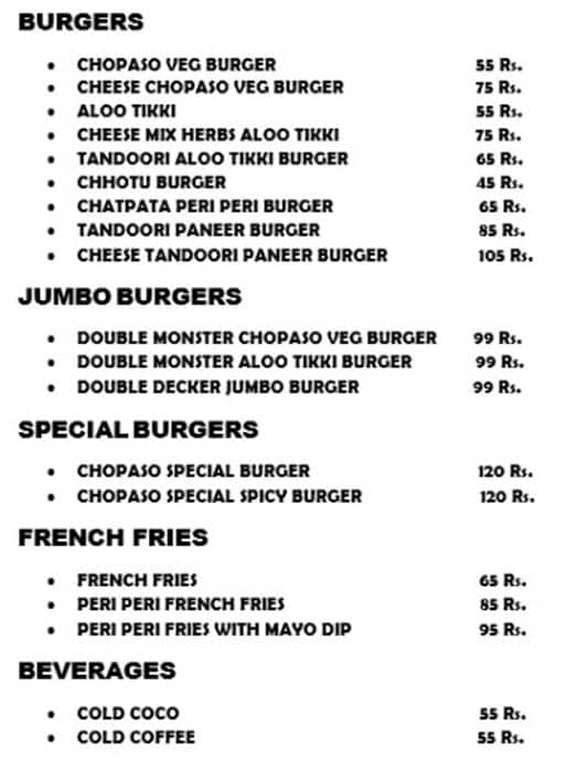 Menu of Chopaso, Navrangpura, Ahmedabad