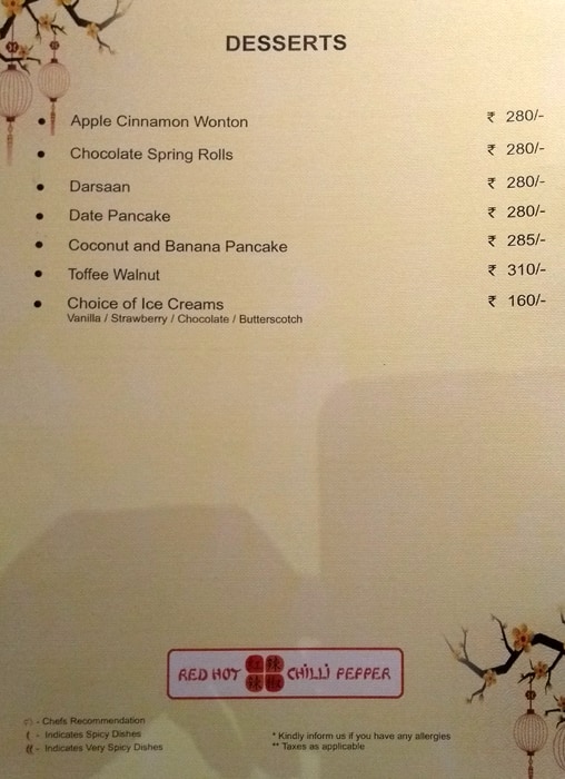 Red Hot Chilli Pepper menu