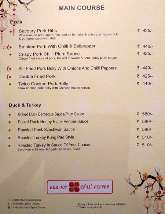 Red Hot Chilli Pepper menu