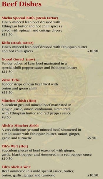 Menu at The Queen of Sheba Restaurant, London, 12 Fortess Rd