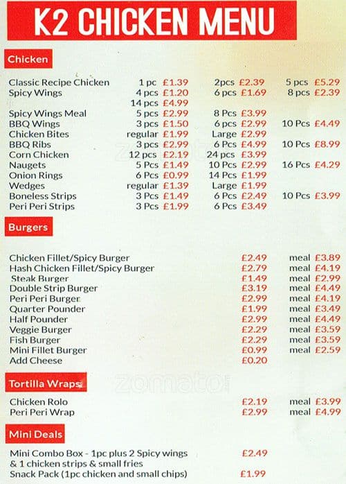 Menu at K2 Chicken restaurant, London